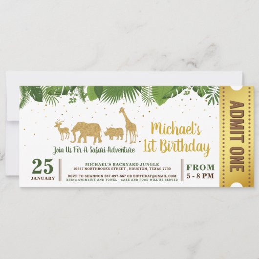 Gold Glitter Safari Adventure Ticket Pass Kaart (Voorkant)