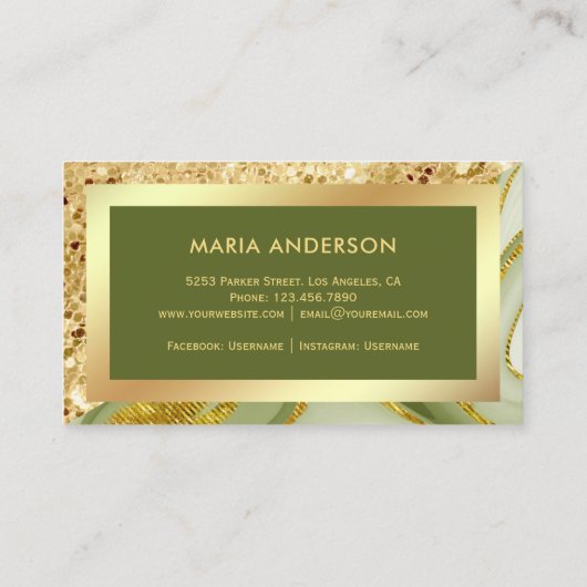 Gold Glitter Sage Green Marble Makeup Artist Visitekaartje (Achterkant)