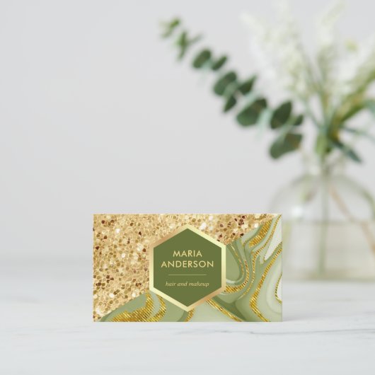 Gold Glitter Sage Green Marble Makeup Artist Visitekaartje (Staand voorkant)