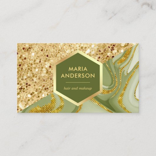 Gold Glitter Sage Green Marble Makeup Artist Visitekaartje (Voorkant)