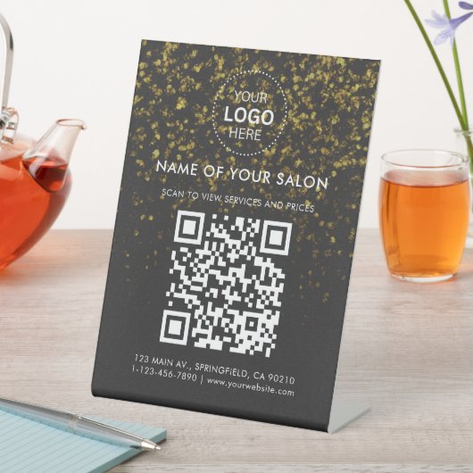Gold Glitter Salon Business QR-code en Logo Reclamebord Met Voetstuk (Insitu)