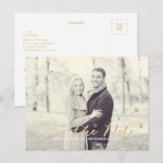 Gold Glitter Save the Date Aankondigingskaart (Voorkant / Achterkant)