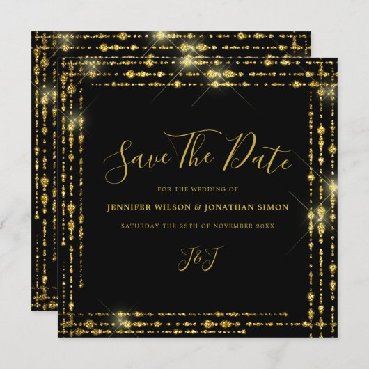 Gold Glitter Save the date Black Invitation (Voorkant / Achterkant)