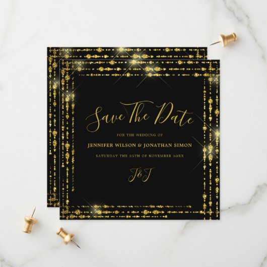 Gold Glitter Save the date Black Invitation (Voorkant / Achterkant in situ)