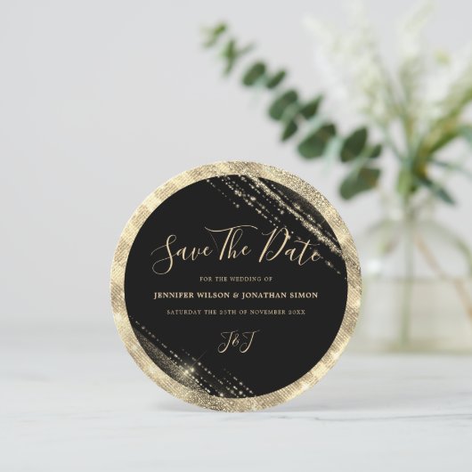 Gold Glitter Save the date Black Invitation (Staand voorkant)