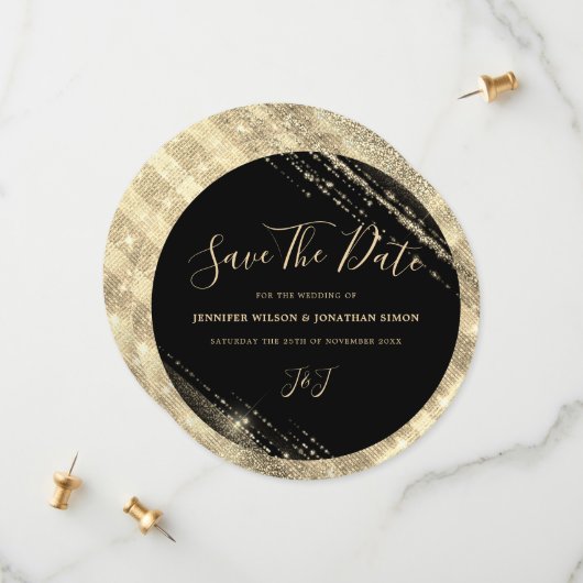 Gold Glitter Save the date Black Invitation (Voorkant / Achterkant in situ)