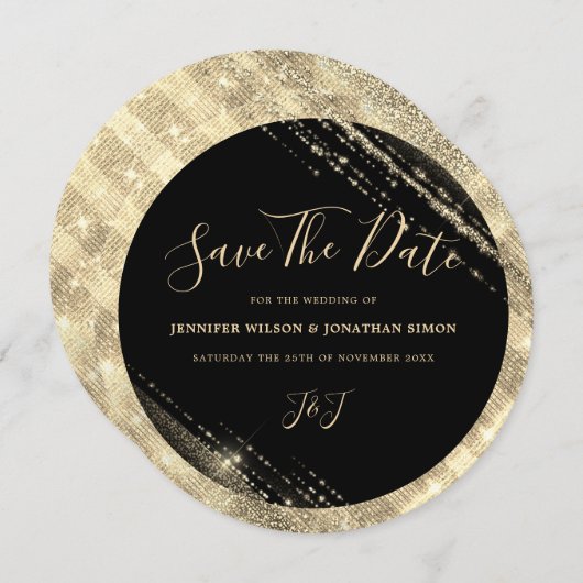 Gold Glitter Save the date Black Invitation (Voorkant / Achterkant)