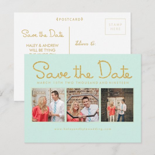 Gold Glitter Save the Date Mint Script Fotokaarten Aankondigingskaart (Voorkant / Achterkant)