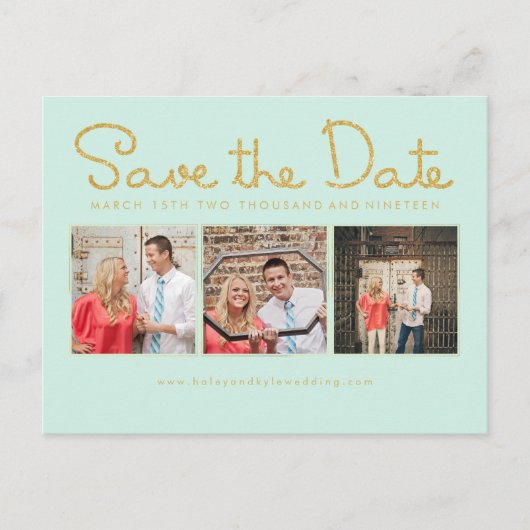 Gold Glitter Save the Date Mint Script Fotokaarten Aankondigingskaart (Voorkant)