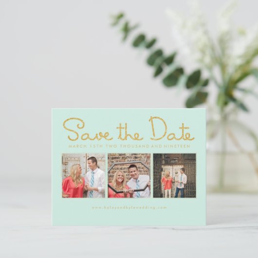 Gold Glitter Save the Date Mint Script Fotokaarten Aankondigingskaart (Staand voorkant)