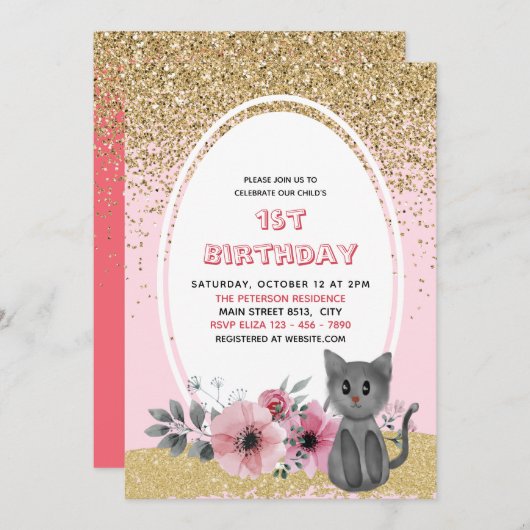 Gold Glitter Schattige Waterverf Kitten Wild One - Kaart (Voorkant / Achterkant)