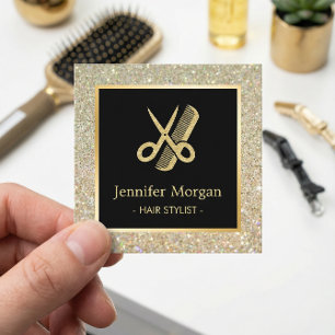Gold Glitter Scissors Comb Hair Stylist Hair Salon Vierkante Visitekaartje
