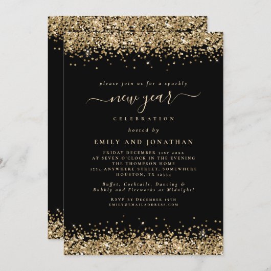 Gold Glitter Script Black, nieuw jaar oud Kaart (Voorkant / Achterkant)