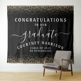 Gold Glitter Script Calligraphy Afstuderen | Zwart Wandkleed