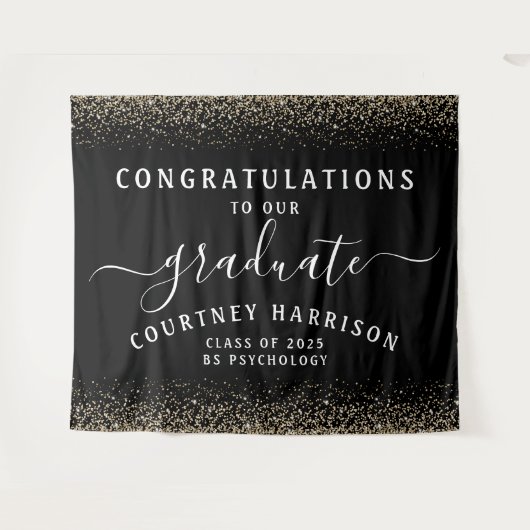 Gold Glitter Script Calligraphy Afstuderen | Zwart Wandkleed (Voorkant (horizontaal))