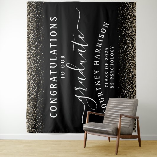 Gold Glitter Script Calligraphy Afstuderen | Zwart Wandkleed (In situ)