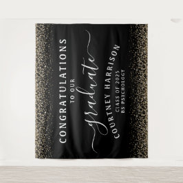 Gold Glitter Script Calligraphy Afstuderen | Zwart Wandkleed