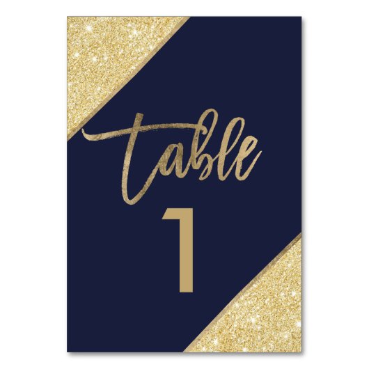 Gold glitter script marvy blue table number kaart (Achterkant)