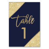 Gold glitter script marvy blue table number kaart (Voorkant)