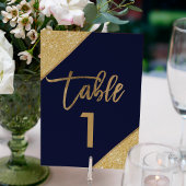 Gold glitter script marvy blue table number kaart