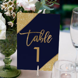 Gold glitter script marvy blue table number kaart