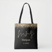 Gold Glitter Script Mrs Name Date Bride Black Tote Bag (Voorkant)