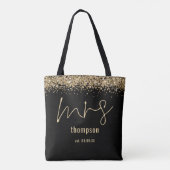 Gold Glitter Script Mrs Name Date Bride Black Tote Bag (Achterkant)