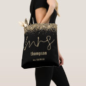 Gold Glitter Script Mrs Name Date Bride Black Tote Bag (Dichtbij)