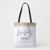 Gold Glitter Script Mrs Name Date Bride Tote Bag (Voorkant)