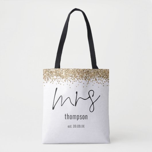 Gold Glitter Script Mrs Name Date Bride Tote Bag (Voorkant)