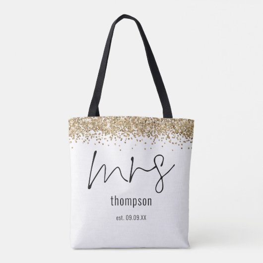 Gold Glitter Script Mrs Name Date Bride Tote Bag (Achterkant)