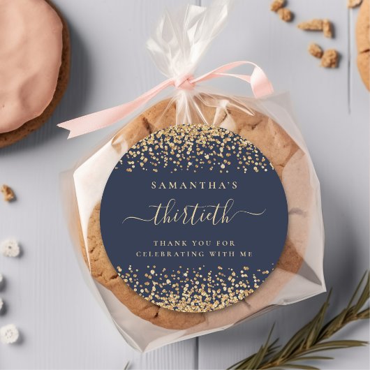 Gold Glitter Script Navy Blue 30th Party Dank je Ronde Sticker