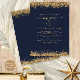 Gold Glitter Script Navy Blue New Years Eve Party Kaart