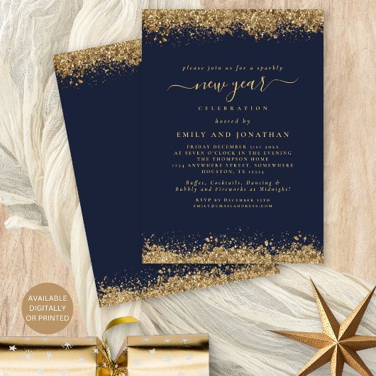 Gold Glitter Script Navy Blue New Years Eve Party Kaart
