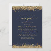 Gold Glitter Script Navy Blue New Years Eve Party Kaart (Voorkant)