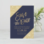Gold glitter script navy blue save the date (Staand voorkant)