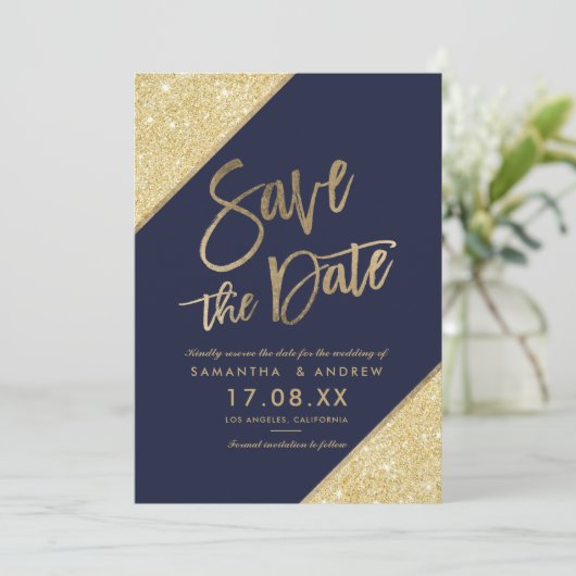 Gold glitter script navy blue save the date (Staand voorkant)