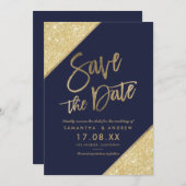 Gold glitter script navy blue save the date (Voorkant / Achterkant)