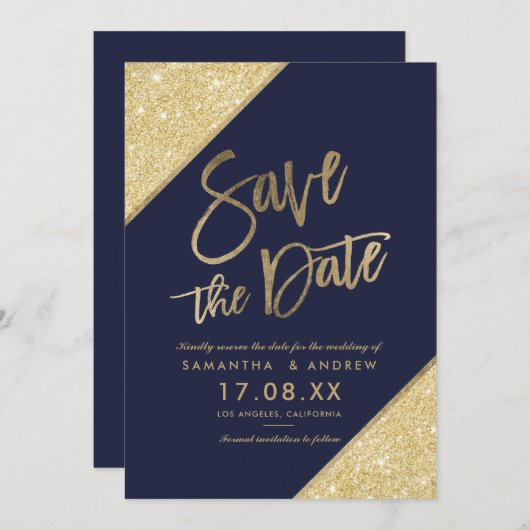 Gold glitter script navy blue save the date (Voorkant / Achterkant)