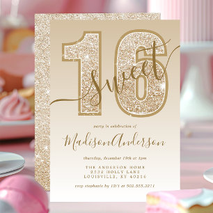 Gold Glitter Script Sweet 16 Birthday Party Kaart