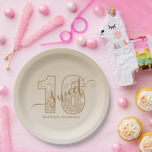 Gold Glitter Script Sweet 16 verjaardag Papieren Bordje (Feest)