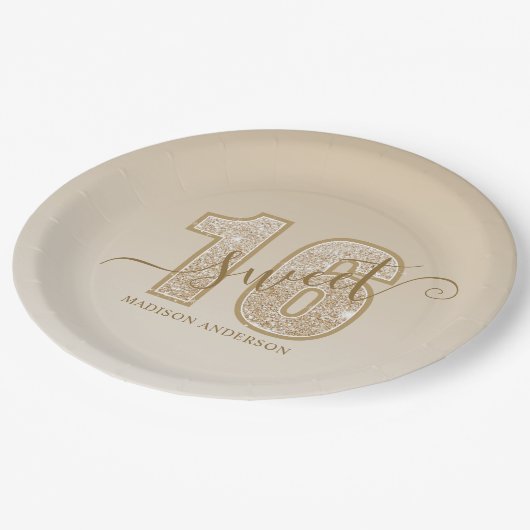 Gold Glitter Script Sweet 16 verjaardag Papieren Bordje (Gekanteld)