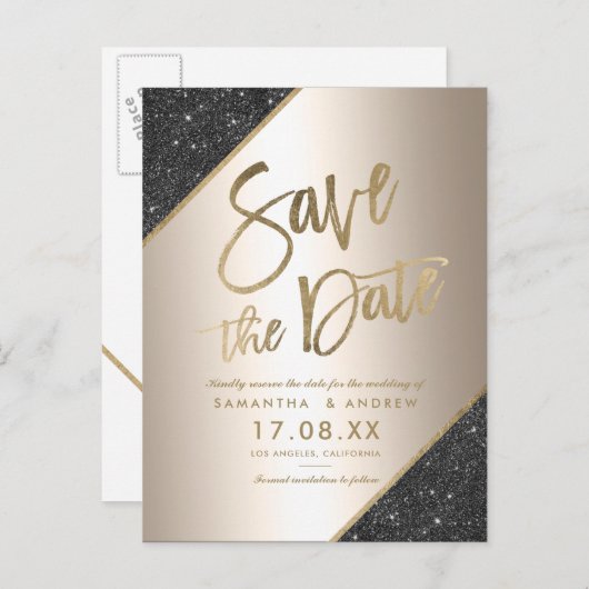 Gold glitter script zwart metallisch behalve datum aankondigingskaart (Voorkant / Achterkant)