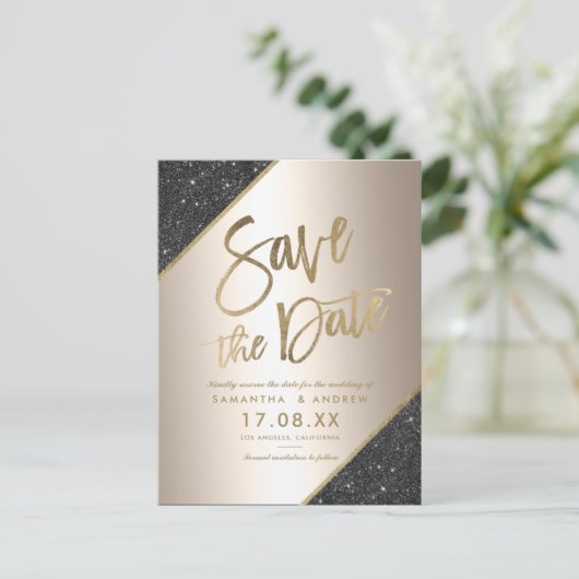 Gold glitter script zwart metallisch behalve datum aankondigingskaart (Staand voorkant)