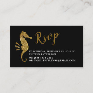 Gold Glitter Seahorse RSVP Informatiekaartje