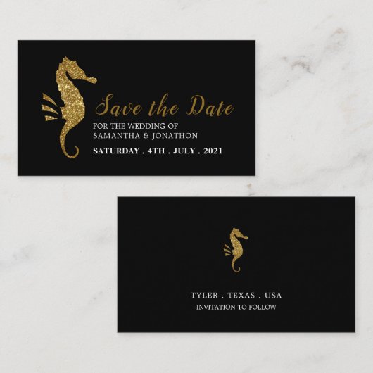 Gold Glitter Seahorse Save the Date Informatiekaartje (Voorkant / Achterkant)