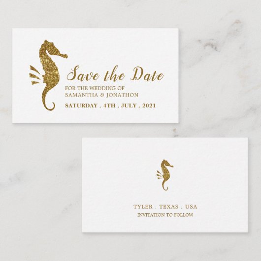 Gold Glitter Seahorse Save the Date Informatiekaartje (Voorkant / Achterkant)