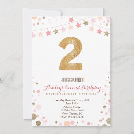 Gold Glitter Second Birthday Invitation Kaart (Voorkant)