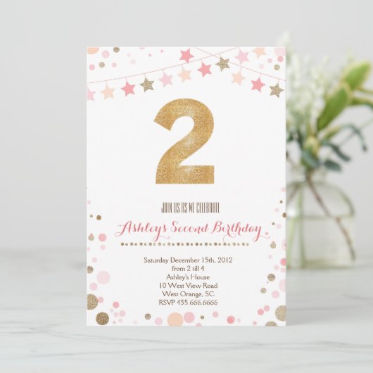 Gold Glitter Second Birthday Invitation Kaart (Staand voorkant)