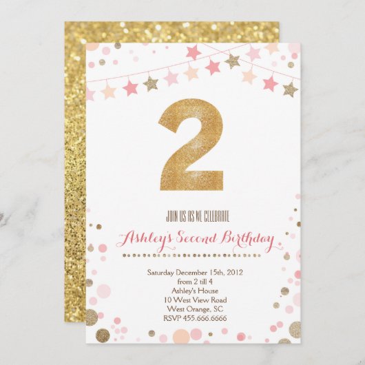 Gold Glitter Second Birthday Invitation Kaart (Voorkant / Achterkant)